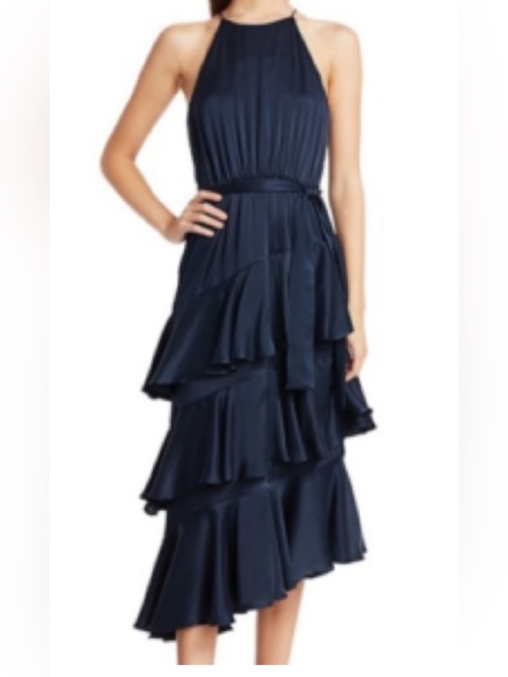 Zimmermann Navy Halter Tiered Ruffle Midi Dress